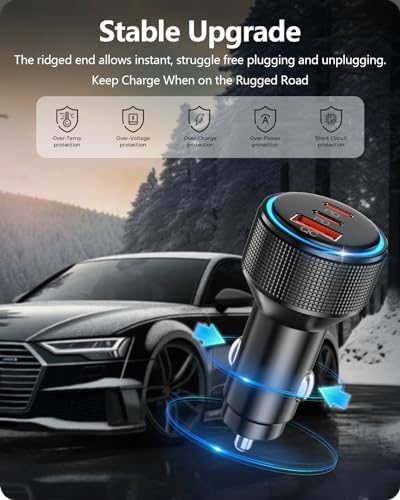 Dual USB C Car Charger with QC 3.0 Technology – 66 W Fast Charging Adapter + 2 Lightning Cables for i Phone 15/14/13/12 Pro Max and Galaxy S23/S22/S21 Ultra – MFi Certified for Reliable Compatibility on All Your Road Trips – Effortless Dual Device Charging with Enhanced Speed and Durability