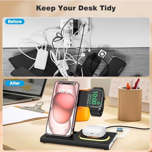 Effortless Power: 25 W 3-in-1 Wireless Charging Dock for i Phone 15 Pro Max, Apple Watch Ultra, and Air Pods Pro – High-Speed Charging Station with 3 ft USB C Cable for Ultimate Compatibility and Clutter-Free Convenience