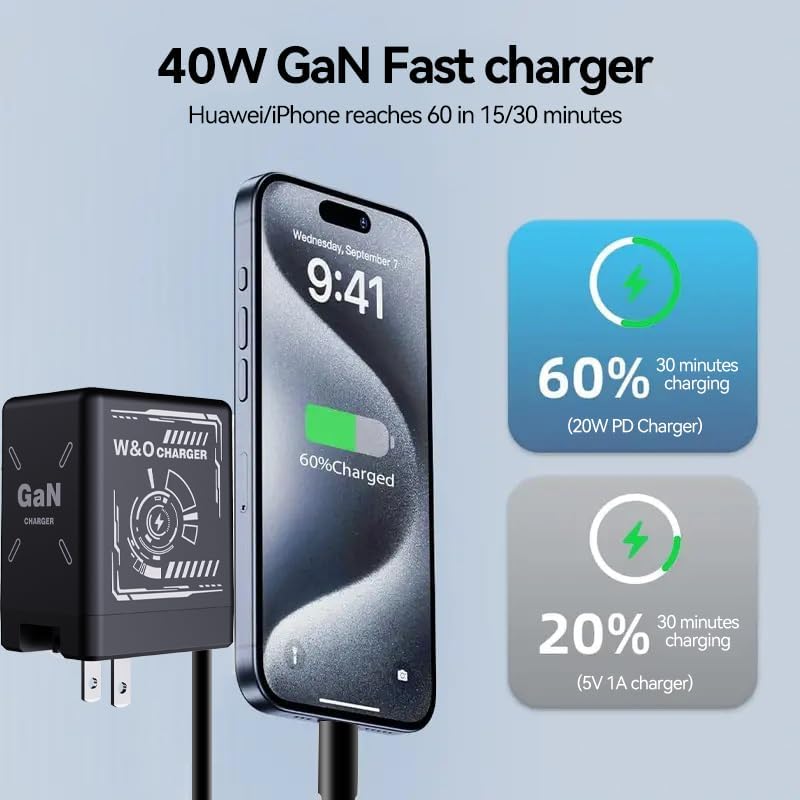 W&O 40 W Ga N Retractable Wall Charger – Ultimate Dual Charging Solution for i Phone 11-16, i Pad, Galaxy S25 & Pixel – Compact, Fast Charging Power Hub for Travel & Everyday Use with Built-in Lightning & Type-C Cables
