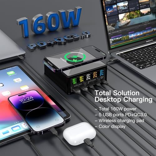 160 W Multi-Port USB Charging Station with Wireless Pad & Real-Time Digital Monitor – Advanced PD 3.0 Fast Charging Hub for Home and Office Efficiency – Elevate Your Device Power Management with Sleek Design and Versatile Compatibility
