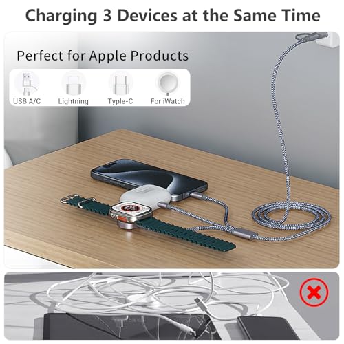 Ultimate 3-in-2 USB C Fast Charging Cable for Apple Watch & i Phone | 4 FT Multi-Device Charger for Apple Watch Ultra/Series 10-3 & i Phone 16-12, Galaxy S25 | Streamlined Power Delivery & Clutter-Free Solution for Busy Lifestyles