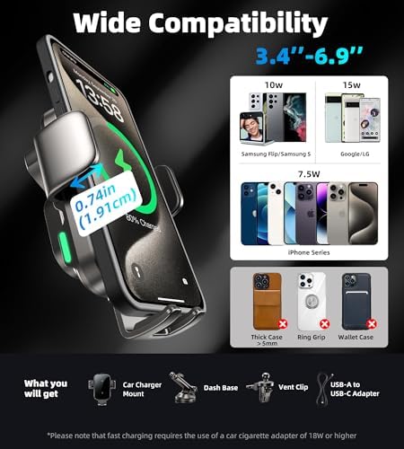 Revolutionary 15 W Dual Coil Wireless Car Charger & Auto-Clamping Phone Holder for Samsung Galaxy and i Phone Series – Effortless One-Handed Operation & Enhanced Compatibility for Safe, Fast Charging on Dash, Vent, or Windshield