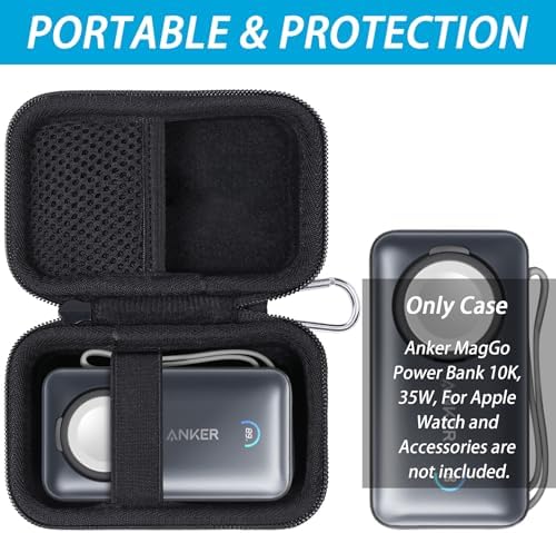 Khanka Compact Hard Shell Travel Case for Anker Mag Go 10000 m Ah Power Bank – Lightweight & Shockproof Protection for Apple Watch Charging – Ideal for Outdoor Adventures with Carabiner Clip – Dust & Water Resistant Storage Solution – Secure Design with Internal Buckle & Mesh Pocket for Accessories – Case Only, No Battery Included