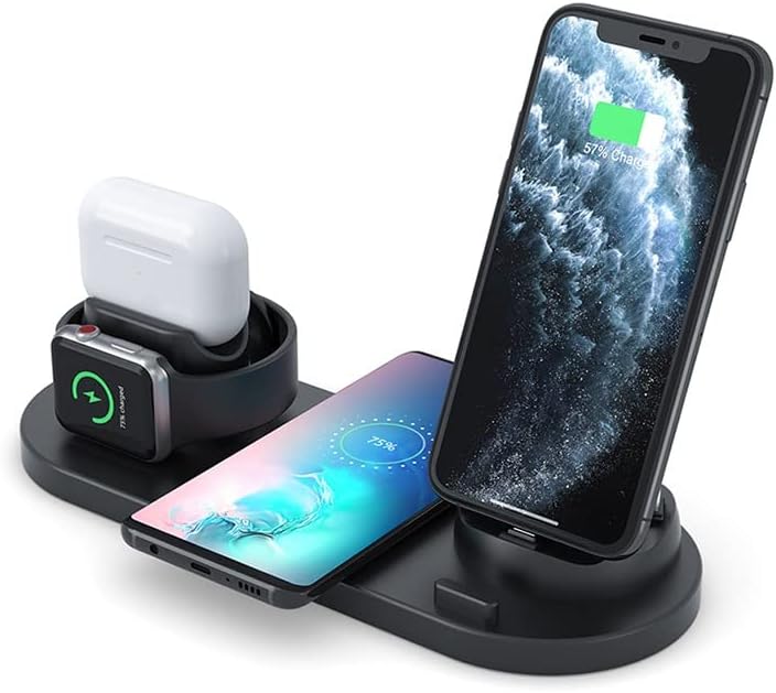 Revolutionary 6-in-1 Wireless Charging Station: Fast-Powered Multi-Device Dock for Apple & Android – Sleek Black Organizer with Safety Features for Effortless Charging at Home and Office