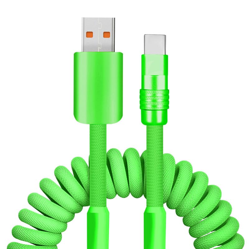 Dynamic Curly Chubby Coiled USB C Cable: 240 W Fast Charge Retractable Spiral Braid Cord for Carplay & Android Auto, Versatile Length 2.29 FT to 3.6 FT, Sleek Black and Red Design, Enhanced Compatibility for All USB-A to Type-C Devices