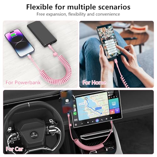 2-Pack Retractable Coiled USB-C to Lightning Charger Cable for i Phone – MFi Certified Fast Charging Solution for i Phone 14/13/12/11 SE/Xr & i Pad – 4 Ft Pink Car Play Cable for Uber and On-the-Go Syncing – Durable, Tangle-Free Design for Ultimate Portability and Efficiency