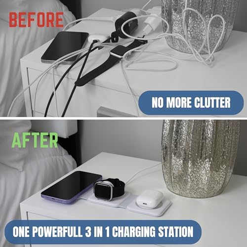 Ultimate Foldable 3-in-1 Wireless Charger Kit for Apple Devices – Fast Charging with 20 W PD Adapter & Portable Carrying Case – Magnetic Alignment for i Phone 15/14/13/12 Pro/Max, Apple Watch & Air Pods – Enhance Travel Convenience and Power Management