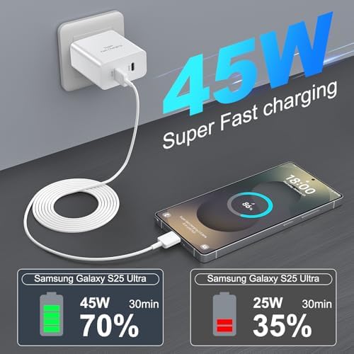 25 W Ultra-Fast USB-C Charger Block with 6.6 FT Type-C Cable for Samsung Galaxy S25/S24/S23/S22/S21/S20 & Note Series – High-Speed Charging Solution for Android Devices with Safety Features and Compact Design