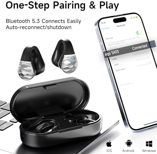 aigo Open Ear Bluetooth Earbuds – Ultra-Lightweight Clip-On Headphones for Active Fitness Enthusiasts, Secure Over-The-Ear Design with Built-In Mic, Effortless Wireless Charging, Enhanced Device Compatibility, Superior Sound Quality for Running and Workouts