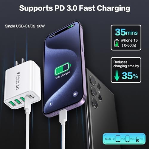40 W 4-Port USB C Fast Charger Block – Superior Multi-Device Power Delivery Adapter for i Phone 16/15 Plus, Samsung Smartphones & Tablets – Compact Wall Charger for Efficient Rapid Charging & Universal Device Compatibility