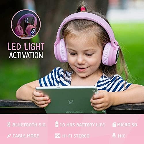 Kid-Friendly Bluetooth Headphones with LED Lights – Safe 85 d B Volume Limit for Young Ears, Foldable Design for Travel Ease, Micro SD Card Playback, Integrated Mic for Calls – Perfect Wireless Audio for Kids’ Adventures and Learning