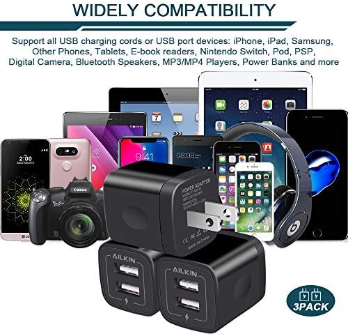 AILKIN 3-Pack Dual USB 5 V/2.1 A Wall Charger – Fast Charging Power Adapter for i Phone 15, Samsung Galaxy, Google Pixel – Compact Travel-Friendly Design with Enhanced Compatibility and Safety Features