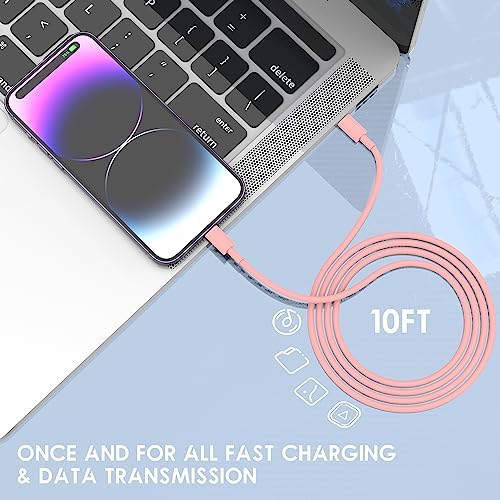 Ultra-Fast 20 W i Phone Charger with 10 ft USB C to Lightning Cable – Stylish Pink Fast Charging Block for i Phone 14 Pro Max, 13, 12, 11, XS, SE, i Pads & Air Pods – Unmatched Compatibility & Durability for On-the-Go Power