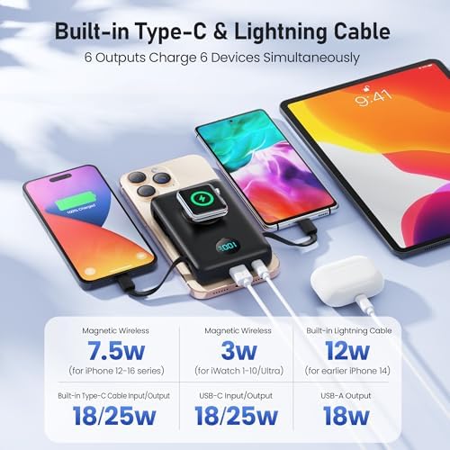 Revolutionary Magnetic Portable Charger for i Phone – 6-in-1 Power Bank with 10,800 m Ah Capacity, Built-in Cables, Apple Watch Charger, and LCD Display – 25 W PD Fast Charging for i Phone 16/15/14/13/12 and Mag Safe Compatibility – Ultimate On-the-Go Charging Solution