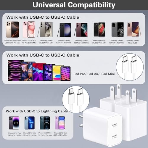 High-Speed USB C Dual Port Charger Block – 2-Pack Type C Wall Charger for i Phone 16/15/14/13/12/11 & i Pad – Fast Charging, Compact Design, Universal Compatibility, Built-in Safety Features for Efficient Power Delivery