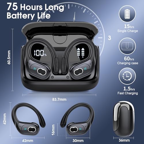 Ultimate Bluetooth 5.4 Wireless Earbuds with 75-Hour Playtime – Ergonomic Deep Bass Sport Headphones with IPX7 Waterproof Rating for Active Lifestyles, Advanced ENC Noise Cancelling Mic for Superior Call Clarity – Ideal for Fitness and Outdoor Activities