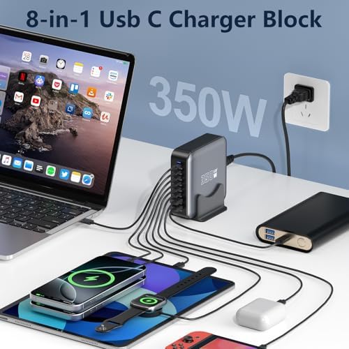 350 W 8-Port USB Fast Charging Station | Multi-Device Charger Block with PD 100 W for Rapid Power Delivery | Universal Compatibility for i Phone, Android, Tablets & More | Compact Design for Home, Office & Travel | Safe Charging with Overcharge Protection
