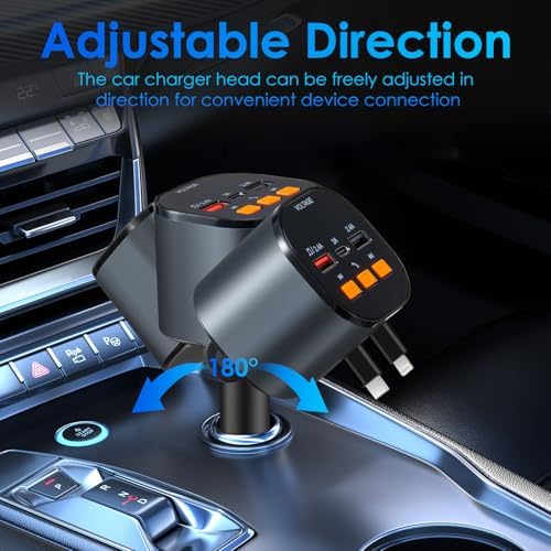 Ultimate 5-in-1 Fast Car Charger with Bluetooth 5.3 FM Transmitter – 90 W Retractable Charging Hub for i Phone 15/14/13 – Hands-Free Calling and Dual USB Ports for Seamless Connectivity and Quick Charging – Compact Black Design for Enhanced In-Car Experience