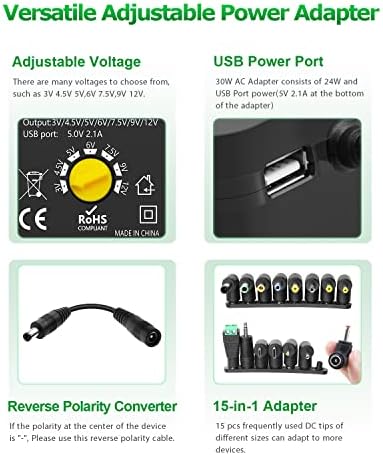 Universal 30 W Adjustable AC to DC Power Adapter – Multi-Voltage Switching Power Supply with 15 Interchangeable Tips and Polarity Converter for Optimal Device Compatibility – Ideal for LED Strips and Small Electronics – Global Input Voltage 100-240 V for Travel Convenience and Enhanced Efficiency