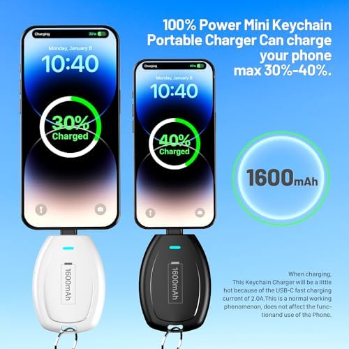 Compact Keychain Power Bank Duo: 1600 m Ah Emergency Charger for i Phone 8, 11, 12, 14 & Air Pods – Ultra-Portable Mini External Battery Pack in Stylish Blue & Pink – Fast Charging & Enhanced Compatibility for On-the-Go Power Solutions