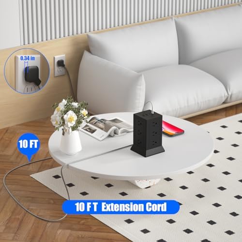 Ultimate Power Strip Tower with 12 AC Outlets & 4 USB Ports (2 USB-C) – 6.5 Ft Flat Plug Extension Cord Surge Protector for Home Office & Dorm Room – Individual Switches for Enhanced Control & Fast Charging, Space-Saving Design, Black