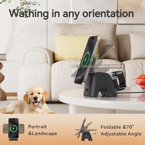 Advanced Wireless Charging Station: 15 W Fast Mag-Safe Charger for i Phone 16/15/14/13/12 Series & 5 W Magnetic Stand for Apple Watch Ultra/SE/Air Pods – Compact 2-in-1 Travel Solution in Sleek Black for Ultimate Device Compatibility and Efficiency
