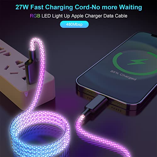 Transform Your Charging Routine with the RGB LED Light Up i Phone Lightning Charger Cable – 27 W Fast Charging Cord for i Phone 14, 13, 12, Pro, 11, and 8 – 3 FT USB to Lightning Cable with Eye-Catching Glow and Apple MFi Certification for Enhanced Durability and Speed