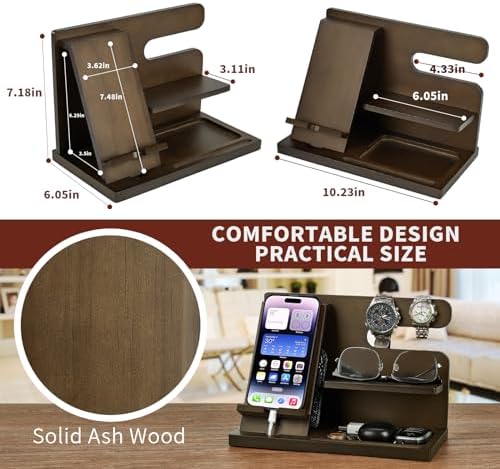 Wood Phone Docking Station Key Holder Stand Watch Organizer Men Gift Husband Wife Anniversary Dad Birthday Nightstand Purse Father Graduation Male Travel Idea Gadgets – Enhanced Compatibility and Speed