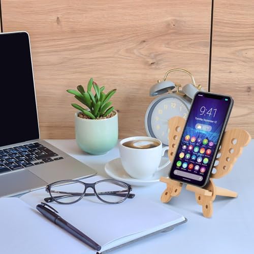 Premium 2 Pack Butterfly Bamboo Wood Phone Stand – Eco-Friendly, Handcrafted Portable Desktop Holder for All Smartphones & Tablets – Stylish & Functional Office Accessory for Enhanced Productivity and Organization