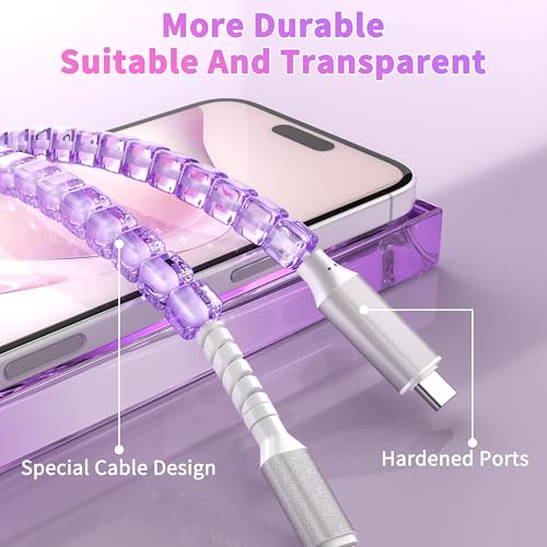 Stylish MFi Certified USB C to i Phone Charger Cable – 3 FT Square Beaded Purple Design for Rapid 66 W Fast Charging & High-Speed Data Sync – Compatible with i Phone 14, 13, 12, 11 Plus, Pro Max & i Pad 9 th/8 th – Durable, Elegant, and Efficient Charging Solution