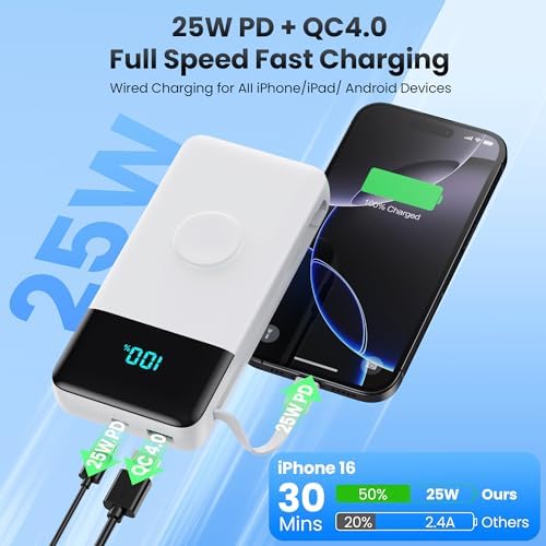 High-Capacity 40800 m Ah 5-in-1 Portable Power Bank with Fast Charging for i Phone and Apple Watch – Dual Built-in Cables, Magnetic Wireless Charger, LED Display, Ideal for Travel and Outdoor Adventures, Compatible with Android and More Devices