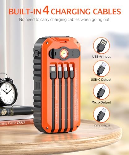 Ultimate 40000 m Ah Solar Power Bank with Hand Crank Generator – Versatile 22.5 W Fast Charger Featuring 6 Outputs, Built-in Cables, and Emergency Flashlight for Outdoor Enthusiasts – Reliable Charging Solution for Adventures and Blackouts