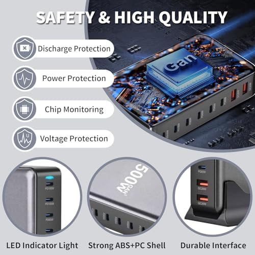 500 W USB-C Fast Charging Hub: 8-Port Power Station for Simultaneous Device Charging, PD PPS 100 W Wall Charger Compatible with Mac Book Pro/Air, i Pad, i Phone 16/15, HP, Dell, Lenovo, Acer – Optimal Speed, Universal Compatibility, and Enhanced Safety Features for All Electronics