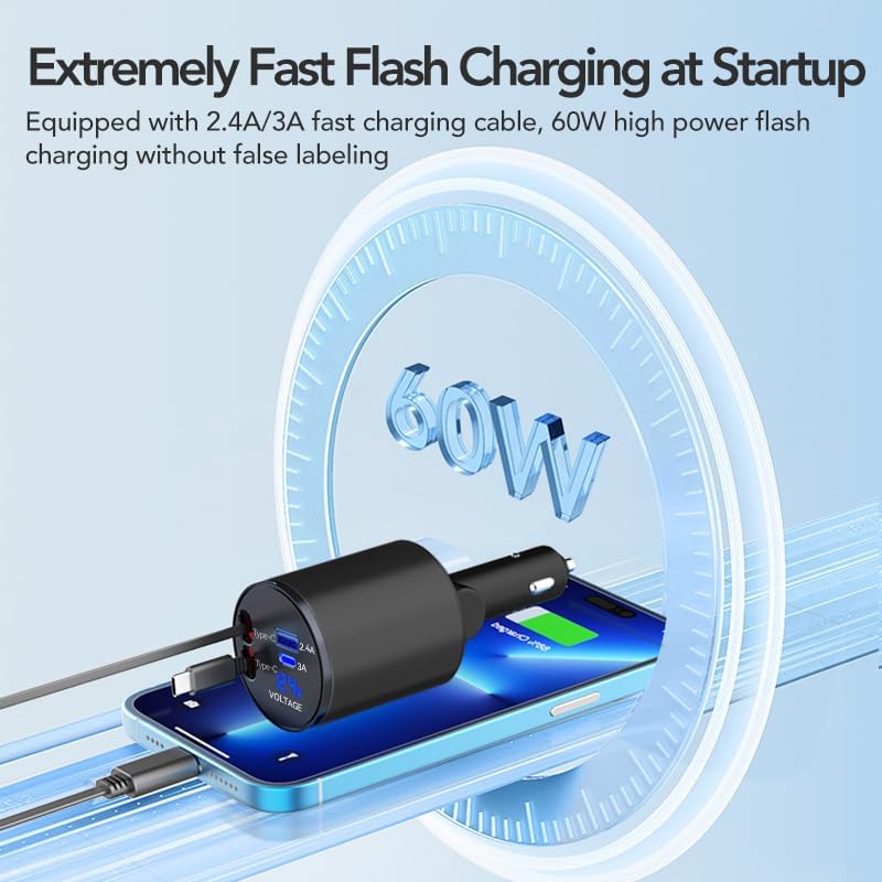 Ultimate 4-in-1 Retractable Car Charger – 60 W Super Fast Charging for i Phone 11-16, Galaxy, Pixel & Air Pods 4 – Dual USB Ports & Tangle-Free Cables for Maximum Convenience on the Go – Compact Power Adapter for All Your Devices
