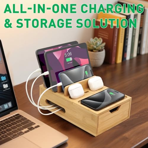 Eco-Friendly Bamboo Charging Station: Multi-Device Docking Organizer with Drawer & Tray, Includes 6 Cables & 5-Port USB Charger for Enhanced Device Compatibility and Fast Charging Solutions, Perfect for Home or Office Use