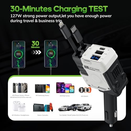 Ultimate 4-in-1 Retractable Car Charger – 127 W USB-C Fast Charging Hub with Dual 2.6 FT Cables & 180° Adjustable Ports for i Phone, i Pad, Android Devices, Tablets & Laptops – Enhanced Speed & Compatibility for On-the-Go Power