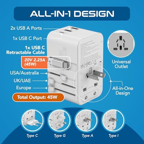 Universal Travel Power Adapter with 45 W PD Retractable USB-C Cable – Ultimate Multi-Device Charger for Global Use – Compatible with Laptops, Smartphones & Cameras – Essential Travel Accessory for US, EU & UK Adventures – Compact Design for Hassle-Free Charging