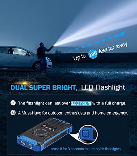 GOODaaa 36,000 m Ah Solar Wireless Power Bank with Built-in 4 Cables, Fast 15 W Charging, 6 Outputs & Dual Flashlights – Ultimate Portable Charger for All Devices with Carabiner for Easy Carrying