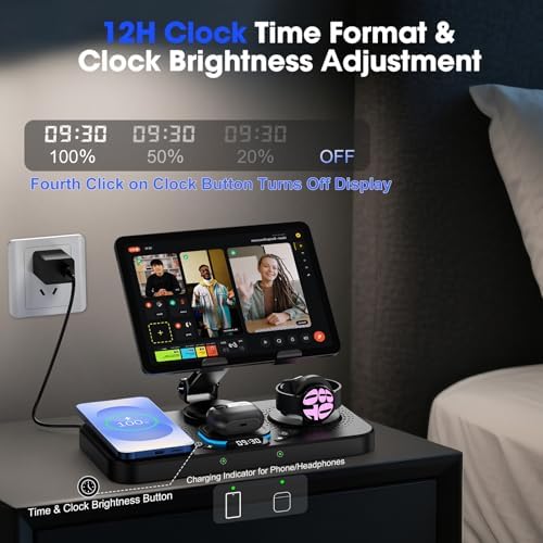 30 W Magnetic Wireless Charging Station with 12-Hour Clock & 7 Color Ambient Light for Samsung Devices – Fast Charging Hub for Galaxy Tab, Galaxy S25 Ultra, Samsung Watch 7, and Galaxy Buds3 Pro – Portable, Foldable Design with Adjustable Tablet Stand for Travel – Comprehensive Safety Features for Optimal Performance