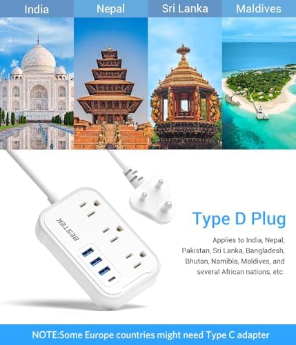 Ultimate BESTEK Type G Travel Power Adapter: 3 AC Outlets & 4 High-Speed USB Ports with 20 W PD for Rapid Charging – Ideal for Hassle-Free US to UK Travel, Compatible in Ireland, Scotland, and Hong Kong – 2.6 ft Flexible Cord for Enhanced Convenience and Multi-Device Power Solutions