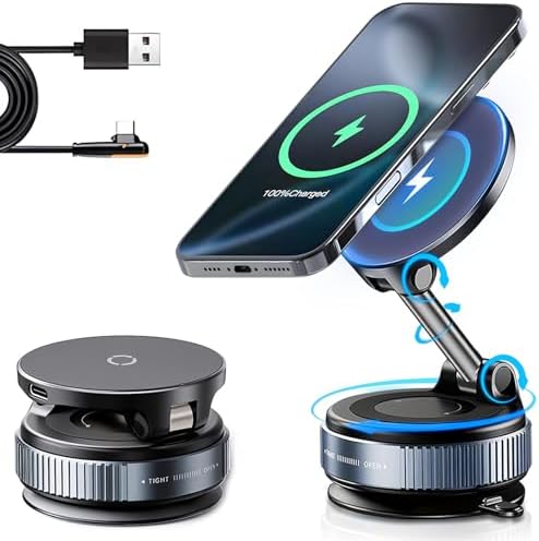 Revolutionary Mag Safe Wireless Charging Car Phone Holder – 360° Adjustable Magnetic Mount for Safe Navigation – Universal Compatibility for i Phone & Android – Superior Vacuum Grip for Enhanced Stability and Fast Charging Solutions