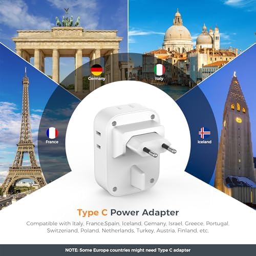 Ultimate European Travel Power Adapter: 4 AC Outlets & 3 Fast Charge USB Ports (1 USB-C PD 20 W) – Compact, Foldable Design for Effortless Connectivity in Spain, France, Germany, Italy, Portugal & Iceland – Versatile Compatibility for All Your Devices