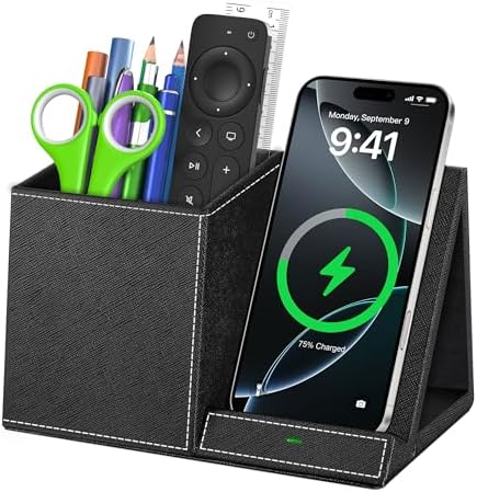 Multi-Functional Desk Organizer with Wireless Charging, Digital Thermometer & Humidity Monitor – Stylish Brown Pen Holder for Home Office Efficiency and Clutter-Free Workspace