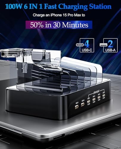 Ultimate 100 W Multi-Device Charging Station – Fast USB-C Dock for i Phones, Androids, i Pads, Kindles & Smartwatches – Sleek Organizer with Intelligent Charging for Home & Office Efficiency