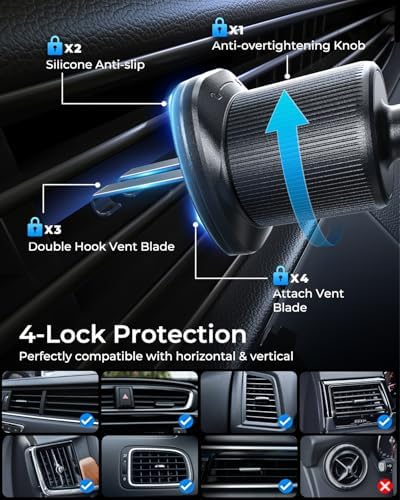Universal Smartphone Air Vent Car Mount with Dual Metal Hook for Secure One-Hand Use – Sleek Black Design for i Phone & Android Devices, Effortless Navigation & 360-Degree Rotation, Essential Driving Accessory for Safety and Convenience