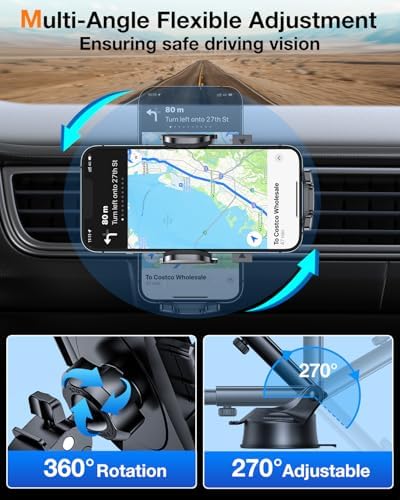 Military-Grade Universal Car Phone Holder – Enhanced 2025 Suction & Clip Technology for i Phone 16 Pro Max, 15 & Samsung – Adjustable Dashboard, Windshield, Air Vent Mount for Optimal Viewing & Safety – Durable Black Design for Secure Smartphone Access
