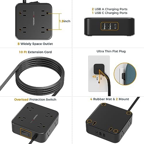 TESSAN Power Strip Tower Surge Protector: 8 AC Outlets & 3 USB Ports (1 USB-C) with 900 Joules Protection, 5 FT Flat Plug Extension Cord – Ultimate Desk Charging Station for Home Office and Dorm Room Efficiency