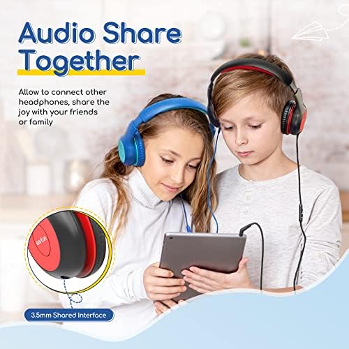 Kid-Friendly Foldable Wired Headphones with Microphone – Volume Limiting Safety (85/94 d B) for Hearing Protection, Share Port for Collaborative Audio, Ideal for Tablets, PCs, and School Use – Enhanced Type C Compatibility for Optimal Sound Quality and Comfort