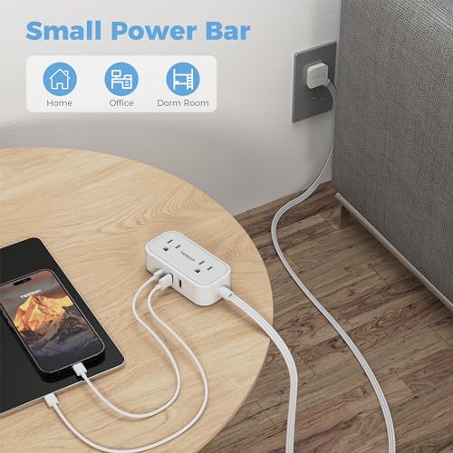 TESSAN 10 FT Flat Plug Extension Cord – Compact Power Strip with 3 Fast-Charging USB Ports (1 USB-C) & 2 AC Outlets – Ideal Multi-Device Charging Station for Dorm Rooms, Home Offices, and Cruise Travel – Sleek Gray Design for Space Efficiency and Modern Aesthetics