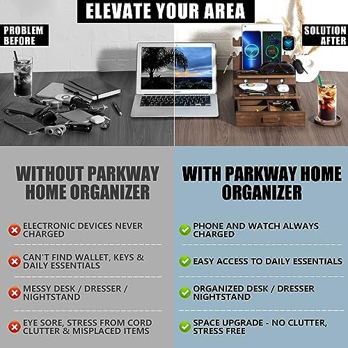 Wood Phone Docking Station for up to 3 Phones – Nightstand Organizer for Men & Women Holds Phones, Tablets, Keys, Rings, Glasses, Watches, EDC & More – with Special Drawer for Valuables – Enhanced Compatibility and Speed